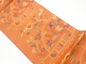 リサイクル　手織り紬花鳥模様織出し袋帯